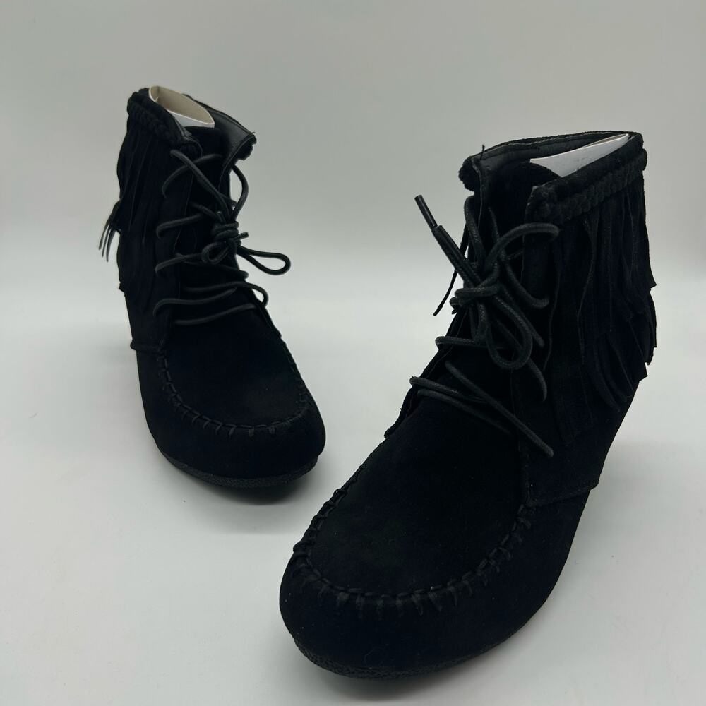 Top Moda Boots Womens 6.5‎ Black Moc Toe Lace Up Wedge Moccasin Bootie NEW